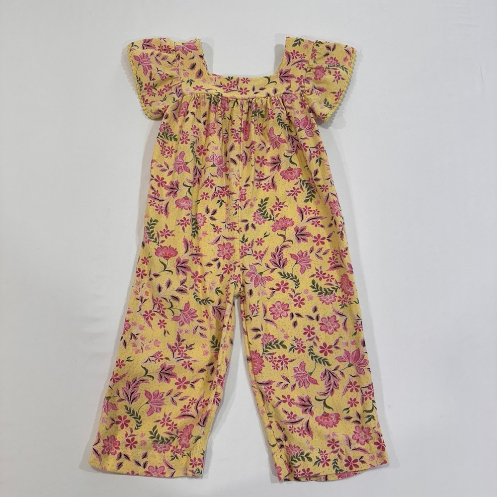 Old Navy Floral Flutter Sleeve Jumpsuit Toddler 3T Yellow Linen Blend | Boho